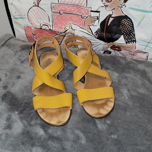 Seychelles Wide Strap Mini Wedge Heel Mustard Color Leather Ankle Sandals Size 6 - Picture 5 of 11